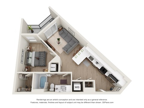 Floor plan for 1 bed, 1 bath, 656 sqft
